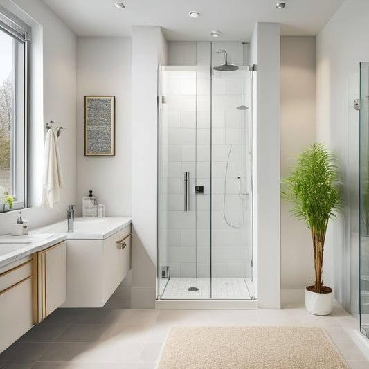 A sleek, modern bathroom with a large, walk-in shower featuring a rainfall showerhead, glass enclosure, and porcelain tile flooring, surrounded by crisp, white walls and minimal decor.