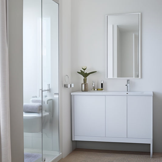 A serene, minimalist bathroom with a wall-mounted, rectangular glass door cabinet in polished chrome, reflected in a large, round mirror above a compact, white porcelain sink.