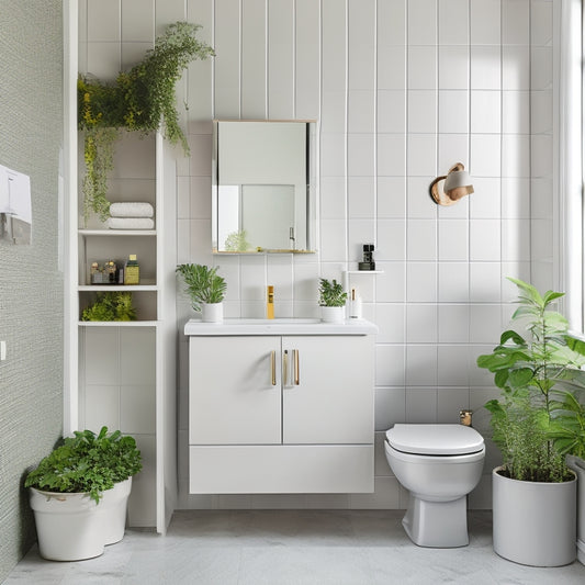 A serene, minimalist bathroom with a wall-mounted, sliding mirror cabinet, a recessed shelf for toiletries, and a compact, pedestal sink surrounded by sleek, white tile and a few lush green plants.