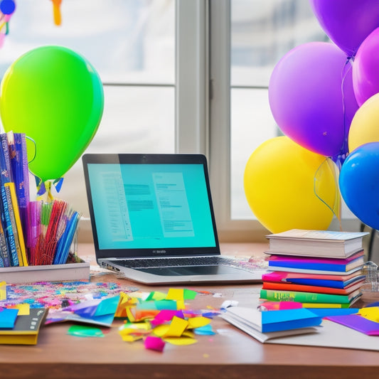 An illustration of a student's organized desk with colorful books, a laptop, and a tidy stack of index cards, surrounded by confetti and balloons, with a subtle background of citation styles.