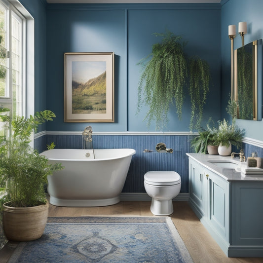 A serene bathroom with soft, creamy walls, accented with a statement wall in a rich, deep blue, surrounded by white fixtures, and adorned with lush greenery and a freestanding tub.