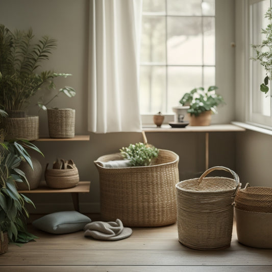 A serene, minimalist room with natural light, featuring a woven basket on a wooden shelf, containing neatly folded linens, alongside a few more baskets in various sizes, with a few decorative greenery.