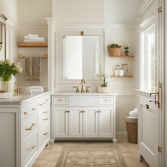 A serene bathroom featuring a wall of creamy white Shaker-style cabinets with recessed panel doors, ornate metal hardware, and a warm wood countertop, surrounded by soft natural light and a neutral color palette.