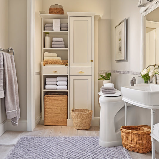 A serene, small bathroom with a wall-mounted shelving unit, a pedestal sink with a slide-out drawer, a compact linen closet, and a few woven baskets on the floor, all in a calming, soft gray and white color scheme.