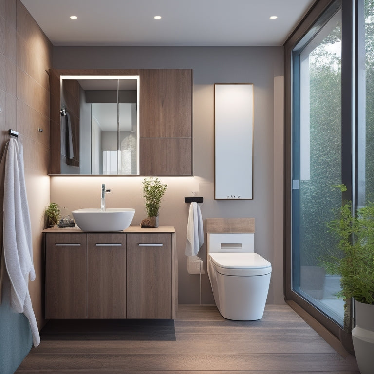 A stylish, modern bathroom with a wall-mounted toilet and a sleek, wooden cabinet above it, featuring sliding glass doors, a chrome handle, and a subtle LED light strip underneath.