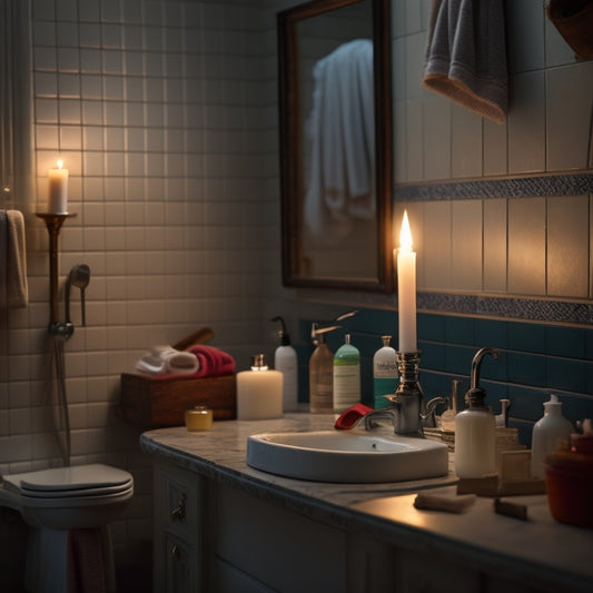 A small, dimly lit bathroom with a single, flickering candle on the edge of a worn, white porcelain sink, surrounded by scattered DIY renovation tools and a few scattered tiles.