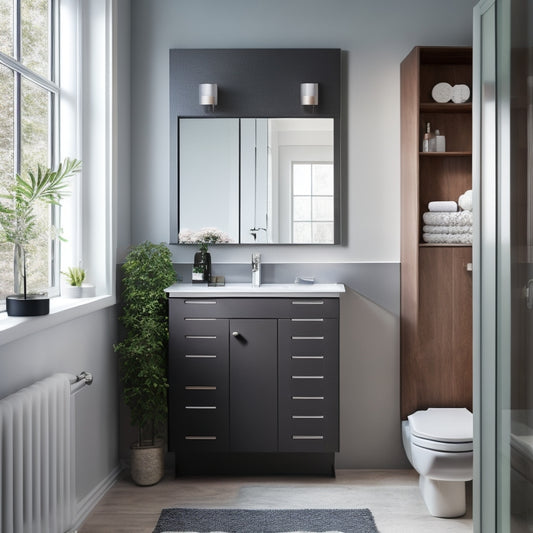 A sleek, modern bathroom with a wall-mounted cabinet above a compact sink, a pedestal organizer beneath, and a recessed medicine cabinet behind a mirrored door.