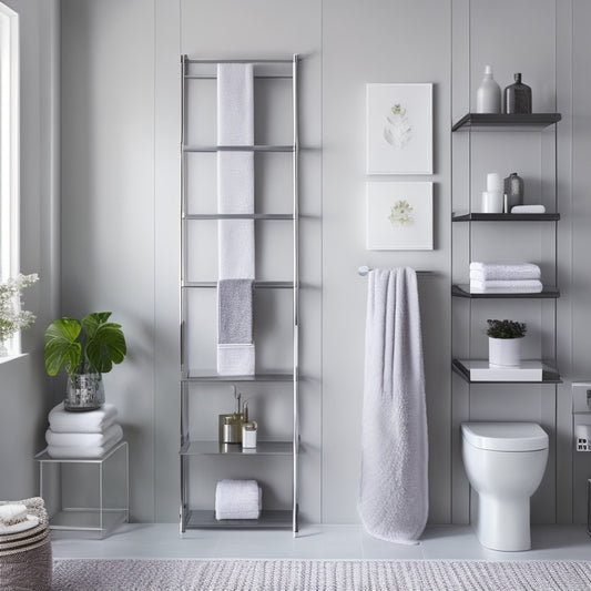 Generate an image of a sleek, modern bathroom with a wall-mounted, ladder-style shelving unit in polished chrome, holding luxurious towels and decorative vases, against a soft gray background.