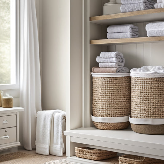 A serene bathroom with three floating shelves in a soft, matte white finish, each holding woven storage bins in natural fibers, filled with rolled towels and decorative bottles.