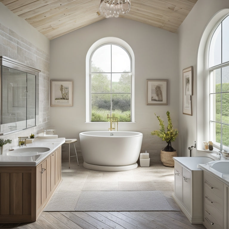 A serene bathroom with a freestanding tub, surrounded by limestone walls, and a large skylight above, with a mix of modern and traditional fixtures, and a spacious walk-in shower.