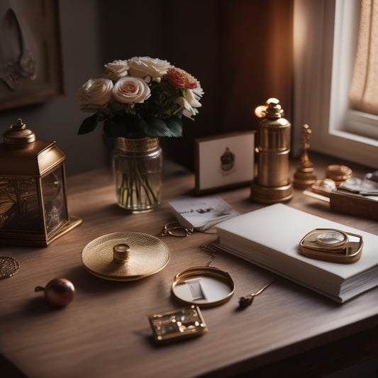 A warm, golden light-filled room with a tidy, minimalist desk, holding a laptop and a few, carefully curated sentimental items, such as a vintage locket, a polaroid photo, and a single, long-stemmed rose.