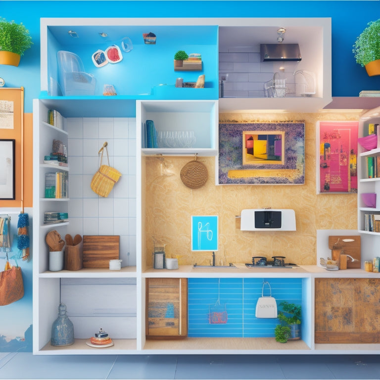 A colorful, clutter-free illustration of a home interior with various icons and symbols representing different areas (kitchen, bedroom, bathroom, etc.) connected by lines and arrows, forming a web-like structure.