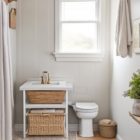 A serene, minimalist small bathroom with a pedestal sink, showcasing a few clever storage solutions: a woven basket beneath the sink, a wall-mounted shelf with rolled towels, and a repurposed mason jar for Q-tips.