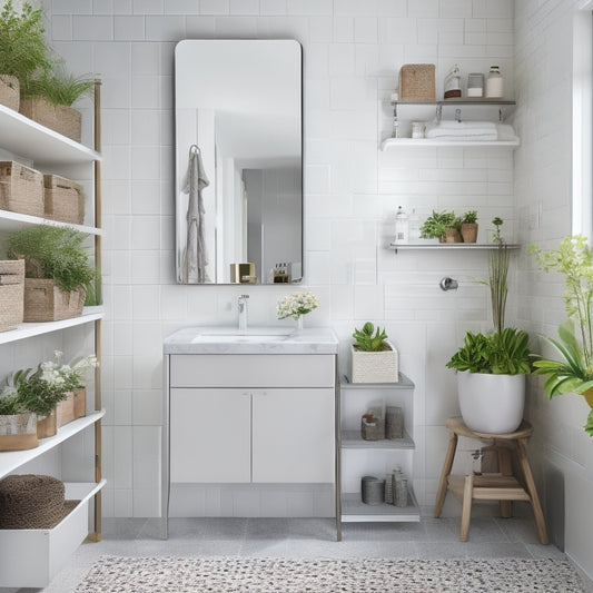A modern bathroom with white walls, grey countertops, and a large mirror, featuring a floor-to-ceiling organiser shelf with multiple compartments, baskets, and hooks, alongside a few decorative plants.