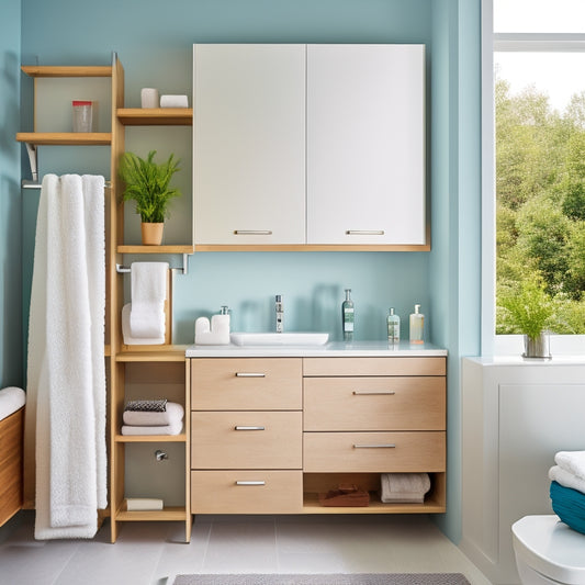 A bright, modern bathroom with sleek cabinets, sliding drawers, and a wall-mounted shelf system, showcasing organized storage of toiletries, towels, and bathroom accessories in a minimalist, spa-like atmosphere.