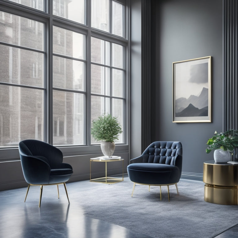 A sleek, modern waiting area with polished marble floors, neutral-toned walls, and a single Luar armchair in a rich, charcoal gray velvet, elegantly positioned against a floor-to-ceiling window.