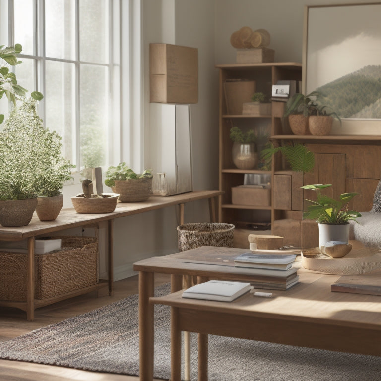 A serene and clutter-free living room with a minimalist wooden desk, a neatly labeled file organizer, and a few carefully placed decorative items, surrounded by plenty of natural light.