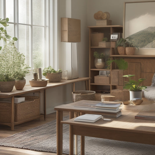 A serene and clutter-free living room with a minimalist wooden desk, a neatly labeled file organizer, and a few carefully placed decorative items, surrounded by plenty of natural light.