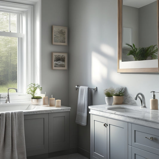 A serene bathroom scene with a single, wall-mounted sink, and a minimalist, clutter-free countertop in a calming, soft gray tone, surrounded by warm, natural light.