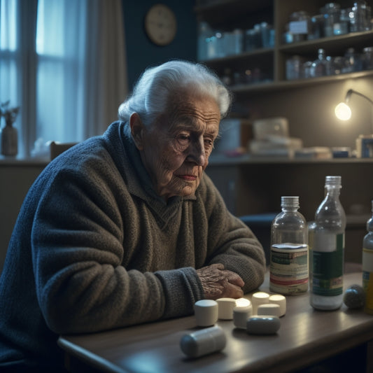 An elderly person sitting alone in a dimly lit room, surrounded by scattered medication and worn-out furniture, with a faint bruise on their cheek and a concerned expression.