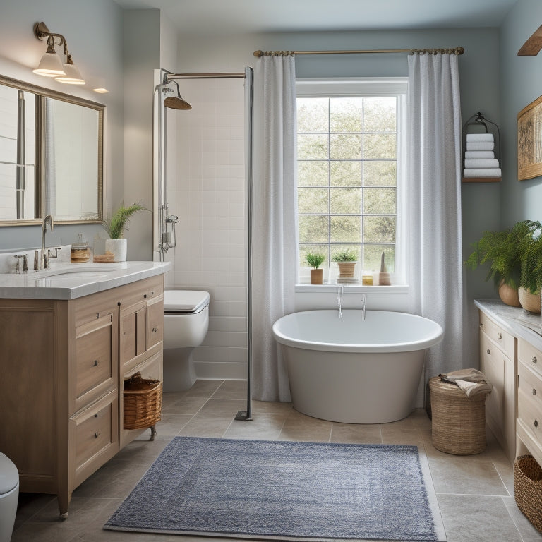 A serene, well-lit bathroom with a walk-in shower, grab bars, and a non-slip floor. A compact, wheeled storage cart with labeled baskets and a sturdy, height-adjustable vanity.