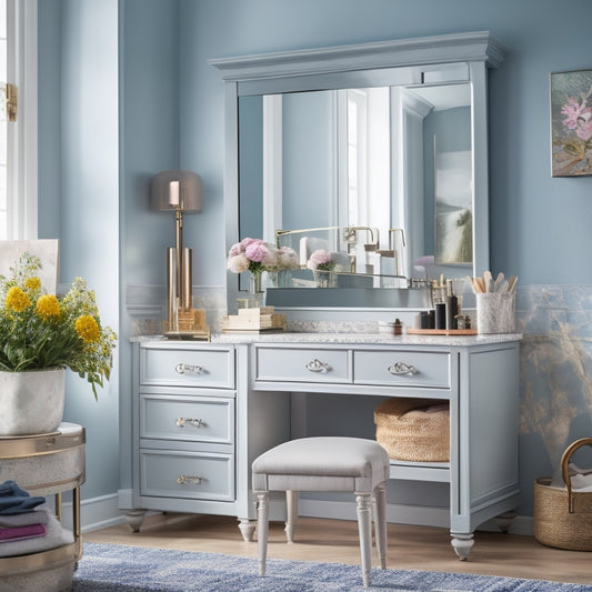 A beautifully styled vanity with open drawers showcasing a before-and-after transformation: cluttered, messy space on the left, and organized, decorative storage on the right, with decorative knobs and a few beauty products.