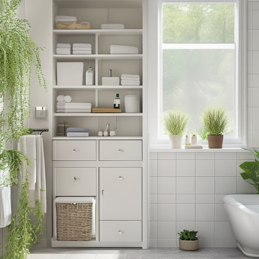 A serene bathroom scene showcasing stylish modular storage units filled with neatly organized toiletries, towels, and accessories. Soft natural lighting highlights the minimalist design, with greenery peeking through a window for a fresh touch.