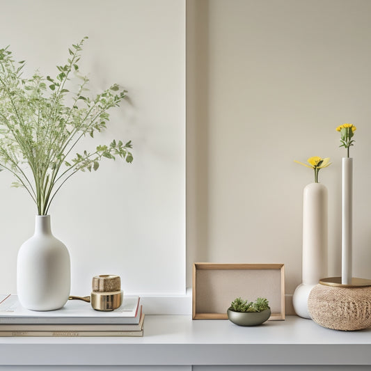 A serene, minimalist living room with a few, carefully-curated decorative items, a vase with fresh flowers, and a few books on a sleek, low-profile shelf, against a soft, creamy white background.