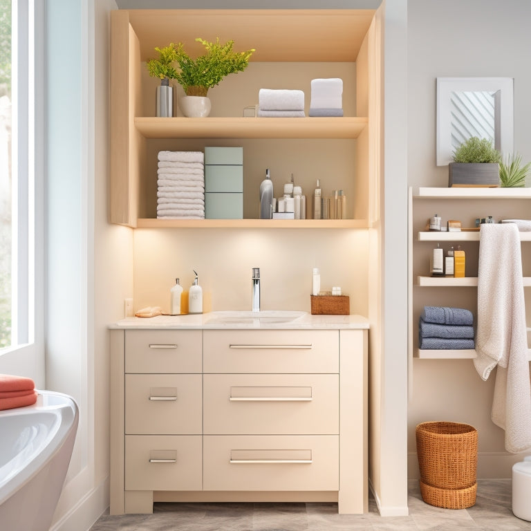 A modern bathroom with a sleek, white cabinet above the sink, featuring three adjustable shelves with neatly organized toiletries, towels, and decorative storage baskets, surrounded by a calm, neutral-colored background.