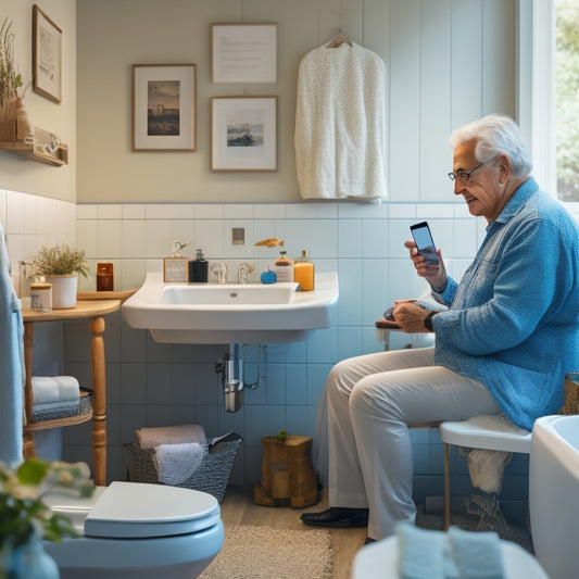 An illustration of a senior adult sitting comfortably on a bathroom stool, surrounded by a tablet and smartphone displaying bathroom management apps, with a clean and organized bathroom in the background.