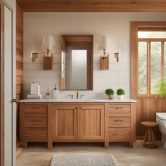 A serene bathroom with a large, rectangular mirror above a sleek countertop, featuring three distinct wood wall-mounted cabinets in different styles: modern, rustic, and traditional, with subtle lighting.