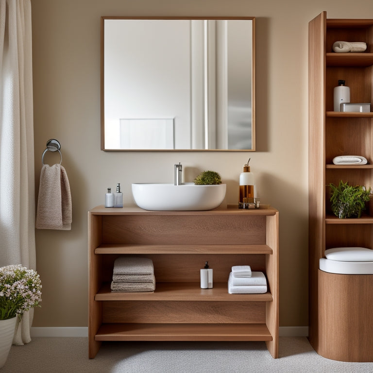 A sleek, modern bathroom with open shelves in a warm, honey-brown wood tone, holding neatly arranged toiletries, towels, and decorative vases, against a crisp white background with natural light pouring in.