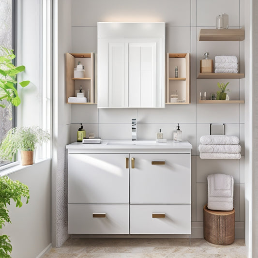 A tidy, modern bathroom with a mirrored medicine cabinet featuring adjustable shelves, baskets, and a turntable, surrounded by sleek countertops and a minimalist aesthetic.