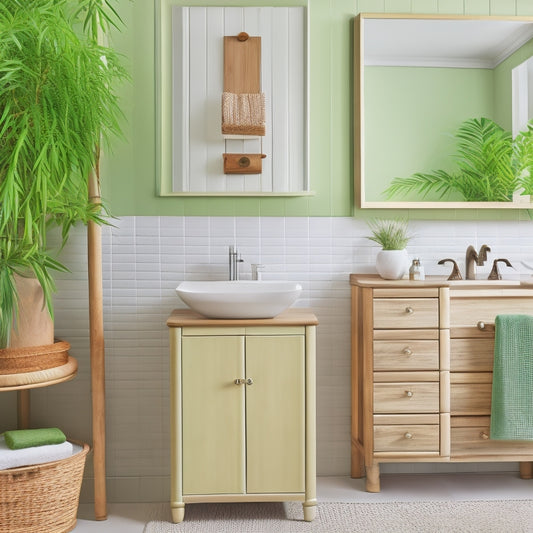 A serene small bathroom with a wall-mounted bamboo cabinet, containing rolled towels and toiletries, above a matching bamboo shelf holding a potted plant, amidst calming beige and green hues.