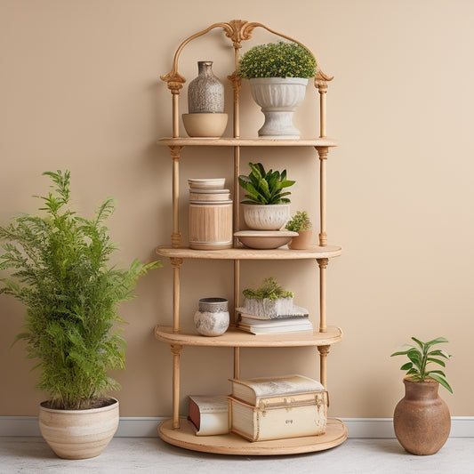 A warm beige 4-tier shelf with ornate metalwork and curved legs, adorned with vintage vases, distressed books, and potted greenery, set against a soft, creamy white background.