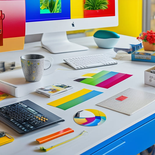 A bright and colorful illustration featuring a Microsoft Word document with various label designs, including rounded corners, bold borders, and vibrant backgrounds, arranged artfully on a clean white desk.