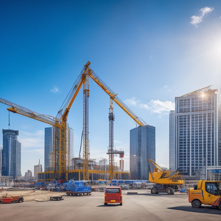 A futuristic construction site with a sleek, silver Mobile Mini unit in the center, surrounded by bustling workers, cranes, and half-built skyscrapers, under a bright blue sky with a few puffy clouds.