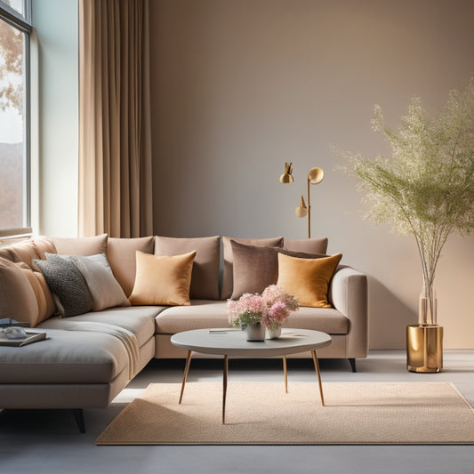 A minimalist, modern living room with a plush couch, a vase with fresh flowers, and a welcome basket on a coffee table, surrounded by sleek, neutral-colored walls and large windows.