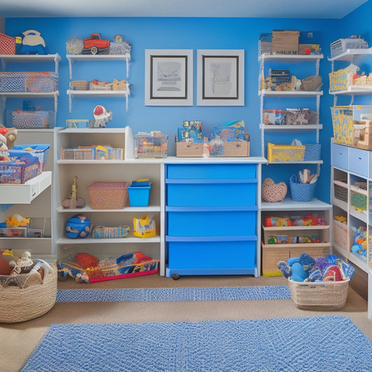 A cluttered playroom with toys scattered everywhere, transitioning to a tidy space with labeled bins, shelves, and a pegboard, showcasing a transformed storage solution for a big family.