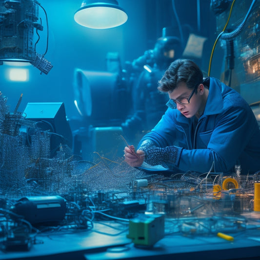 A futuristic laboratory scene with a student surrounded by broken robots, tangled wires, and smashed computer screens, amidst a backdrop of chaotic blueprints and scattered engineering tools.