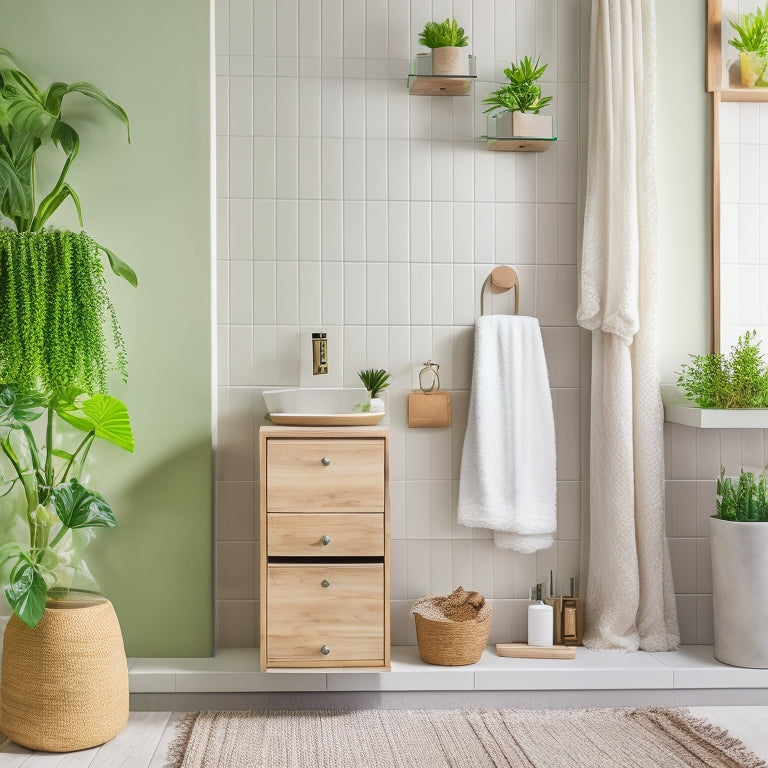 A chic bathroom scene showcasing a stylish wall-mounted storage unit made of natural wood, filled with neatly organized towels, toiletries in glass jars, and decorative plants, all against a soft pastel wall.