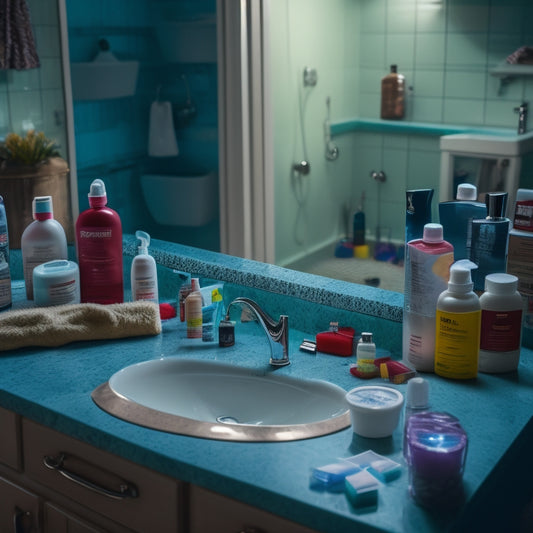 A cluttered bathroom countertop with various personal care products, scattered toiletries, and tangled cords, surrounded by a messy mirror, dim lighting, and a worn-out bathroom floor.