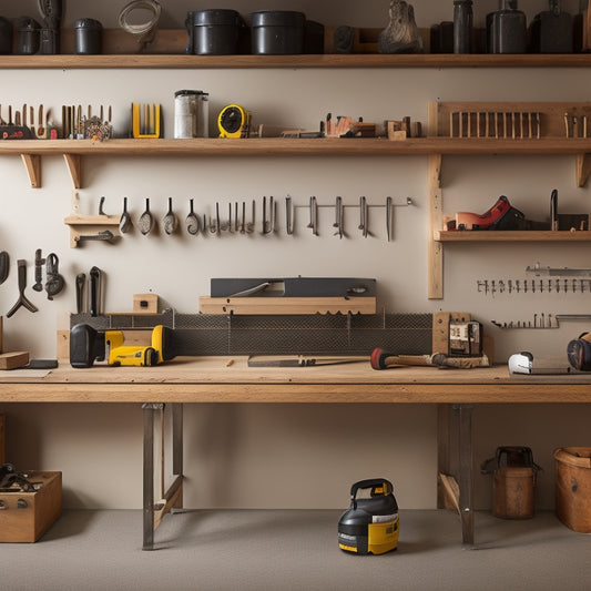 A modern, sleek, and organized workshop with a large wooden workbench, various power tools, and a pegboard filled with hanging accessories, set against a clean, gray, and minimalist background.
