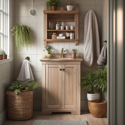 A cozy bathroom corner featuring elegant wooden shelving filled with neatly arranged towels, potted plants, and decorative jars, complemented by a stylish cabinet beneath, adorned with subtle lighting, creating a serene ambiance.
