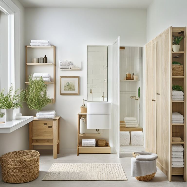 A serene, minimalist bathroom with a wall-mounted, slide-out storage cabinet, a pedestal sink with a built-in shelf, and a floor-to-ceiling, ladder-like storage unit with woven baskets.