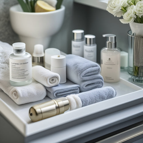 A tidy bathroom drawer with velvet-lined trays, crystal knobs, and a soft-close mechanism, showcasing neatly arranged toiletries, skincare products, and a few rolled towels in a soothing white and gray color scheme.