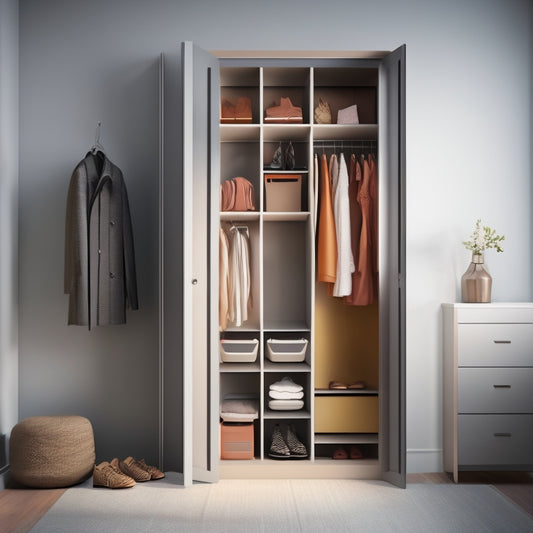 A minimalist illustration of a compact closet with a slanted roof, featuring a mix of hanging rods at different levels, stackable storage bins, and a retractable shoe organizer on the back of the door.