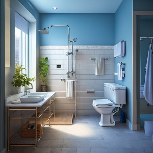 A serene, well-lit bathroom with a wheelchair-accessible sink, a wall-mounted fold-down seat, and a roll-in shower with a linear drain, featuring grab bars, a handheld showerhead, and ample floor space.