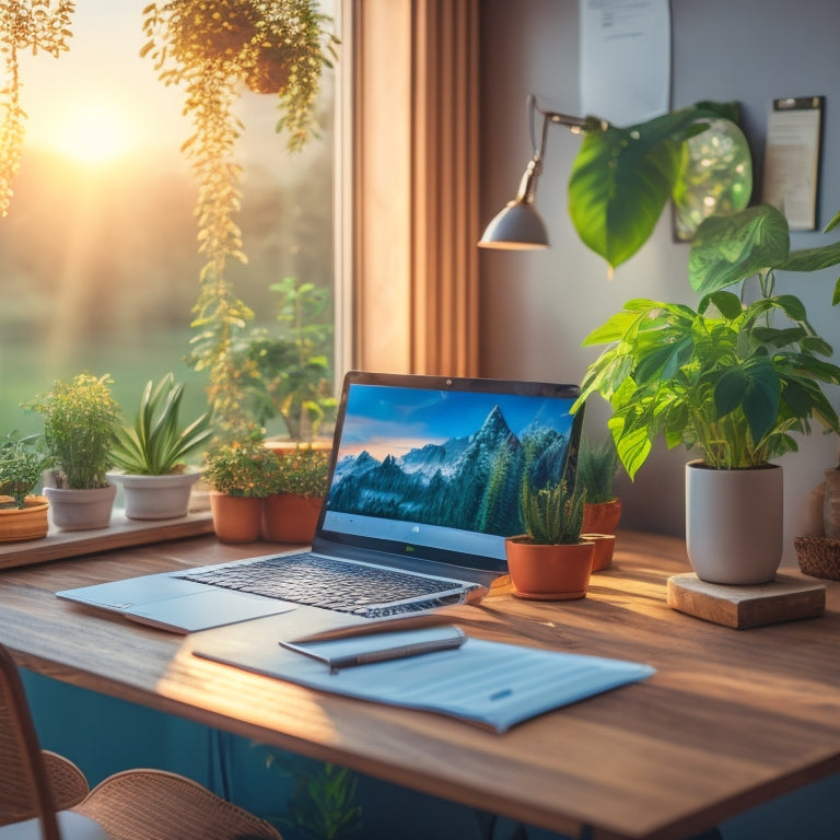 A serene, organized study space with a wooden desk, a laptop, and a neatly arranged stack of NPTE study materials, surrounded by calming green plants and a subtle, motivational sunrise background.