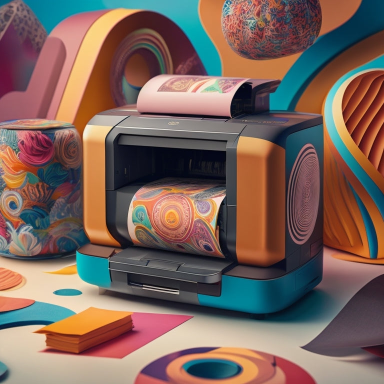 A stylized illustration of a printer surrounded by vibrant, swirling shapes and colors, with paper sheets floating out, featuring seamless, edge-to-edge printouts with diverse patterns and designs.